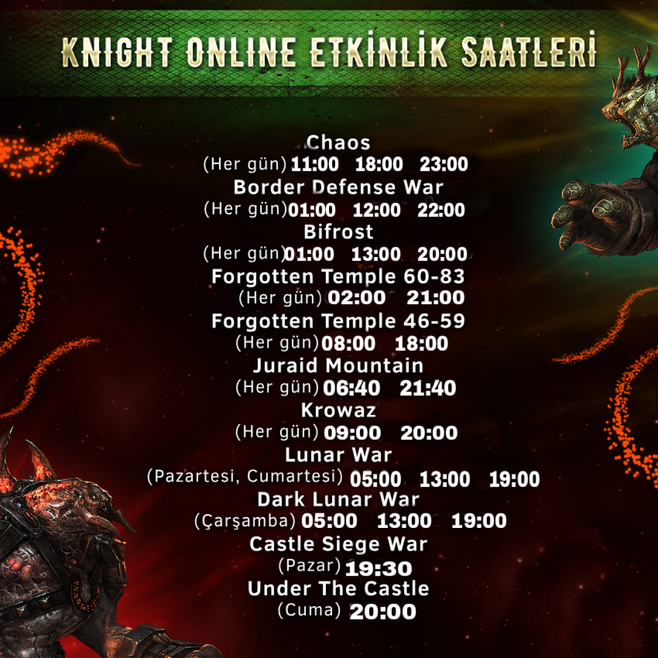 Knight etkinlik saatleri